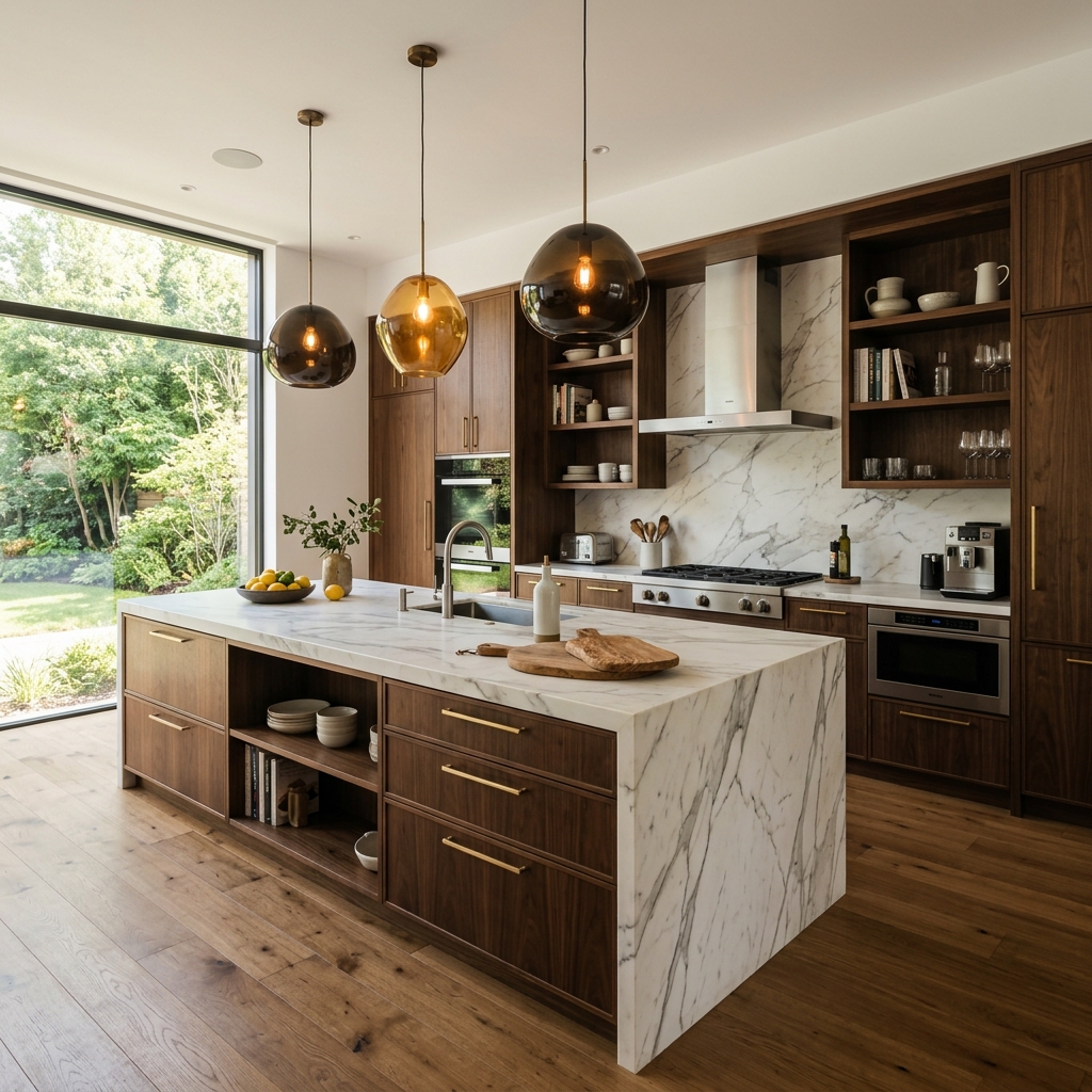 Cozinha luxuosa com ilha de mármore branco, marcenaria em madeira e pendentes dourados