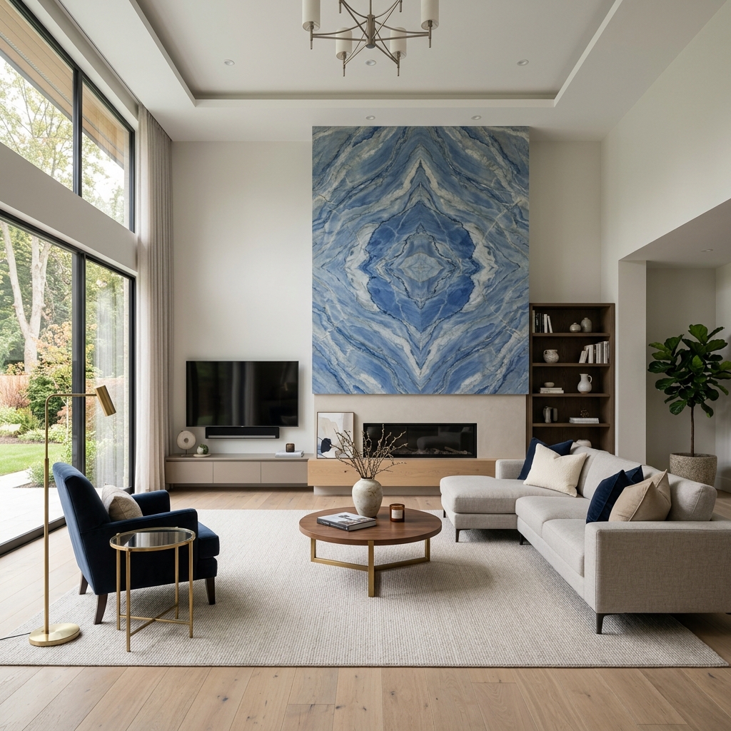 Sala de estar com painel de quartzito Azul Macaubas como destaque sobre a lareira